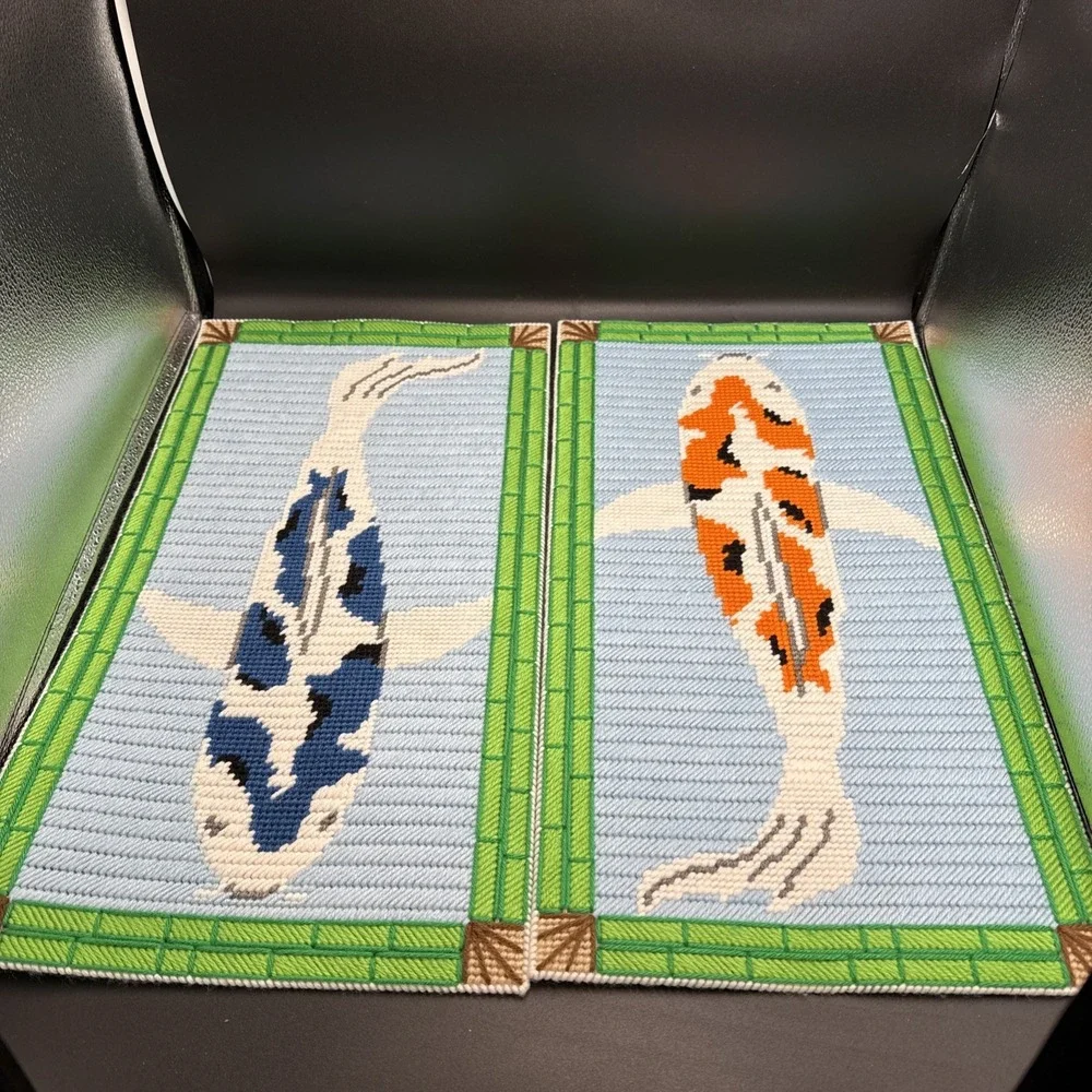 Plastic‎ Canvas Koi Pond Fish Bamboo Panels COMPLETE Set Of 4
